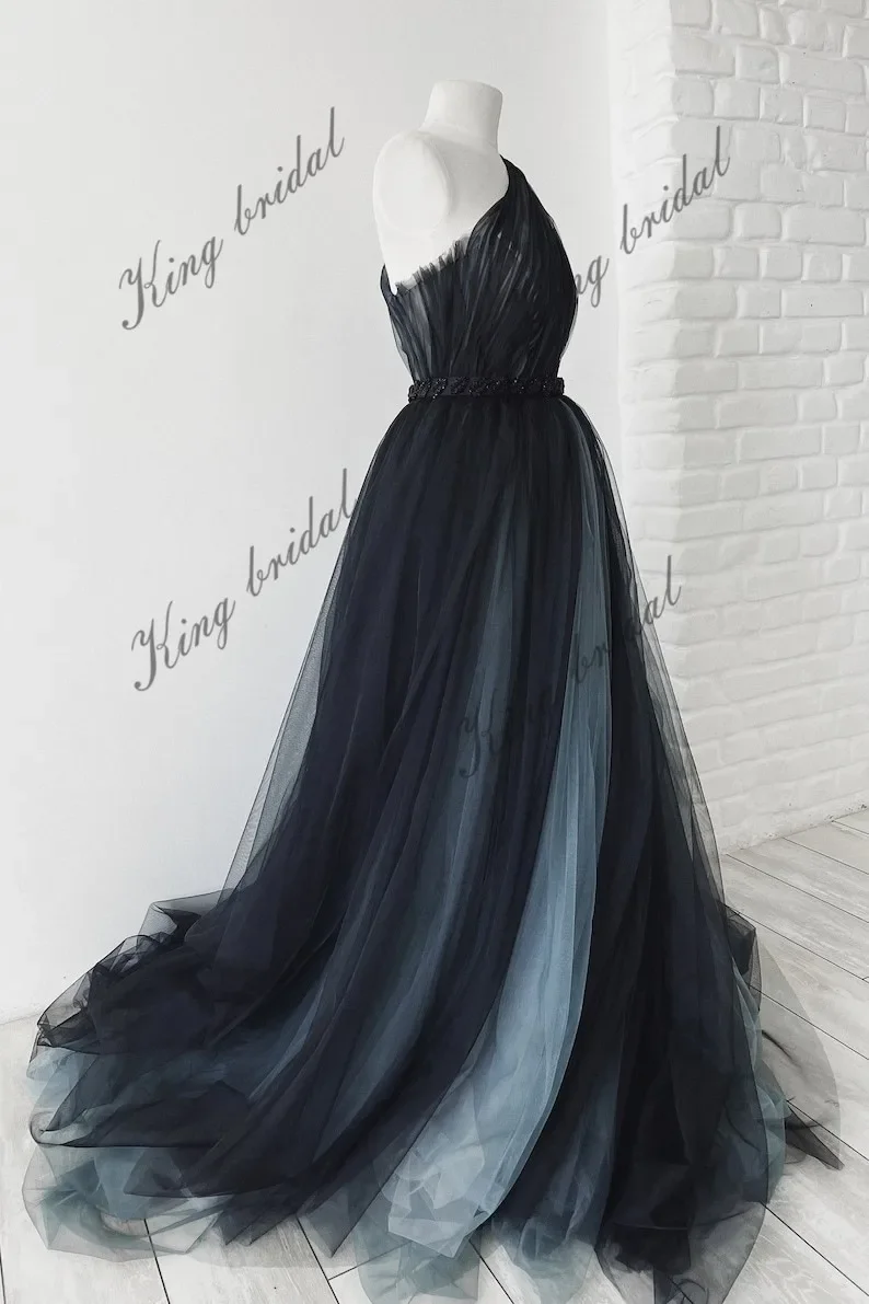 Tüll Perlen Fantasy Ballkleid Einfache Brautkleider Schwarzes Hochzeitskleid Vollschwarzes Ascheblaues Brautkleid Gothic Hochzeitskleid