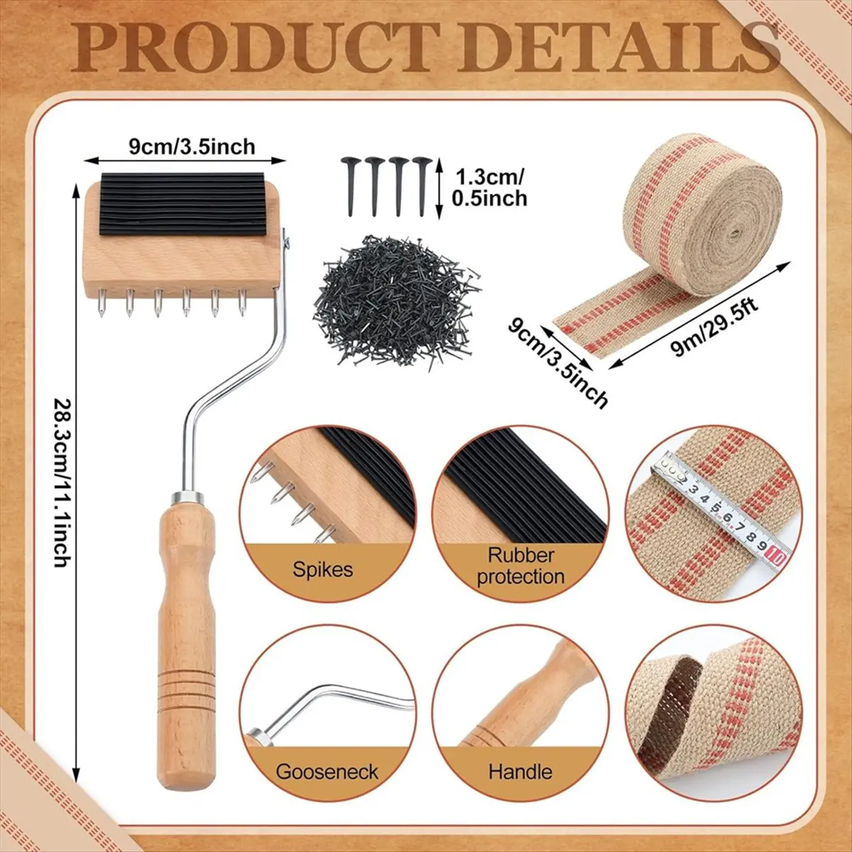 مجموعة أدوات المفروشات - شريط حزام الخيش 3.5 بوصة 10 ياردات، مقبض خشبي، مسامير المفروشات للكرسي، طقم إصلاح الأثاث الحرفي #4