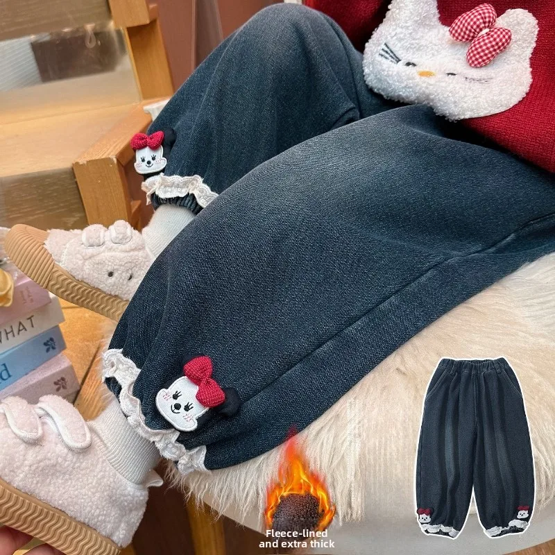 

Girls Fleece-Lined Jeans, Winter Wide Leg Pants for Kids Thickened Casual Trousers Versatile Style