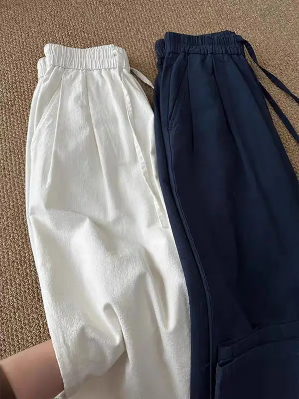 

Мужские повседневные брюки из хлопка и льна, свободные, прямого кроя, в американском стиле, с дышащим поясом на шнурке, рабочие брюки