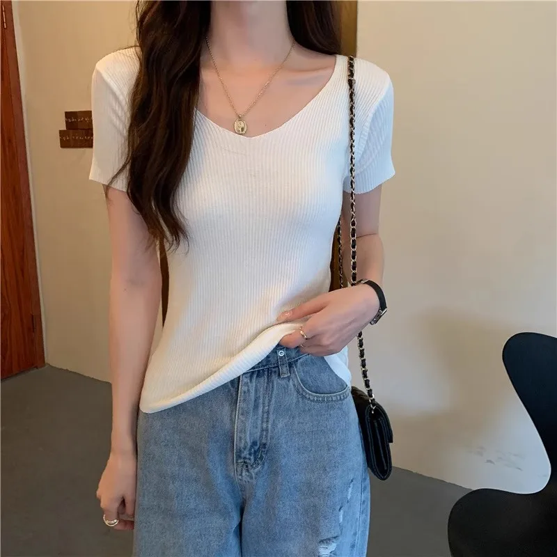 2024 Basic V-neck Solid Thin Summer Pullover Women Female Knitted Ribbed Sweater Slim Short Sleeve Bodycon Sweater