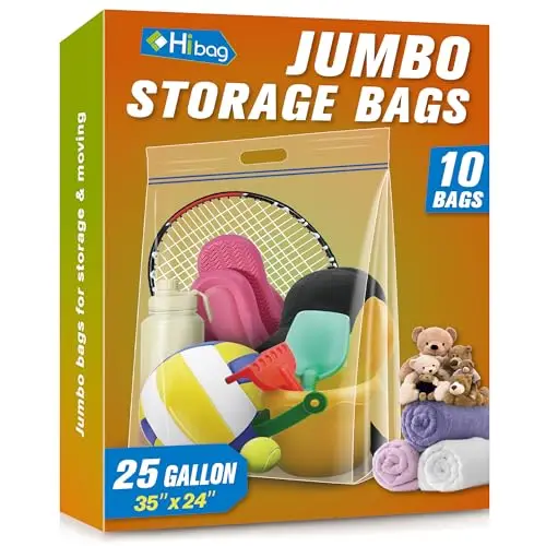 

Мешки для хранения HIBAG объемом 25 галлонов, 35 x 24 дюйма, многоразовые прозрачные пакеты с ручкой, сверхбольшие, особо прочные, для одежды, подушек и др.