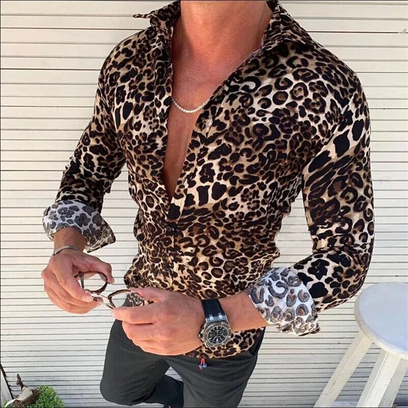 Hawaii Shirts Flower Print Mens Long Sleeve Camisa Holiday Party Tops Oversized Tee Shirt For Men Leopard Harajuku Camisa Lapel