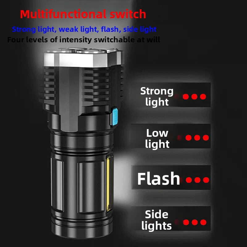 4-LED-Bead Multi-Functional High-Power Flashlight: With COB Side Light, Suitable for Outdoor & Home Use, Portable