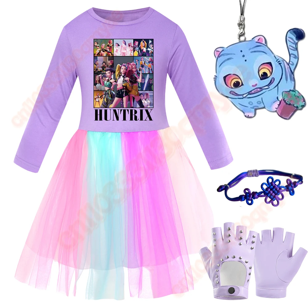 

Anime 5PCS rumi Kpop Demon Huntrix Dress Set for Girls Kids Cosplay Costume Halloween Gift Witch Outfit SajaBoys gloves tiger