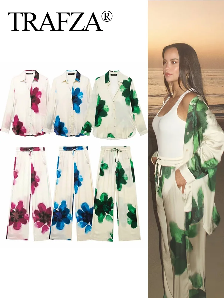 TRAFZA 2024 Female Pants Sets Beach Style Floral Stain With Button Shirt+ Elastic Waist Wide Leg Pants Woman Summer Casaul Sets