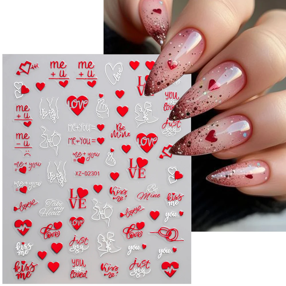 1Sheet 3D Red Heart Laser Nail Sticker Letter Flower Self-Adhesive Slider Valentine's Day Series Nail Decals Manicure Decoration