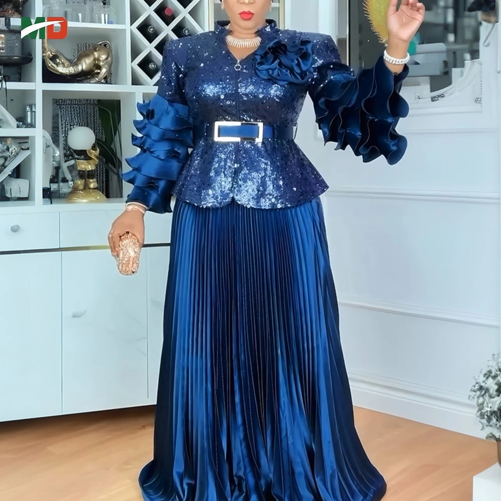 

MD African Dress For Women Turkey Dress Ruffled Sleeves Floral Sequin Jacket with Pleated Maxi Skirt Wedding Party Robe 2026