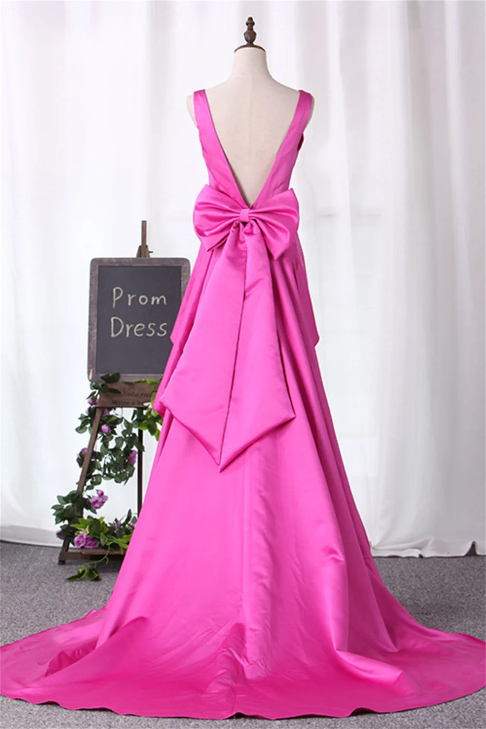 Amanda Simple Satin فساتين السهرة Cute Bow On Back Prom Dress A-line Vestidos De Noche Rose Pink Sleeveless فساتين مناسبة رسمية