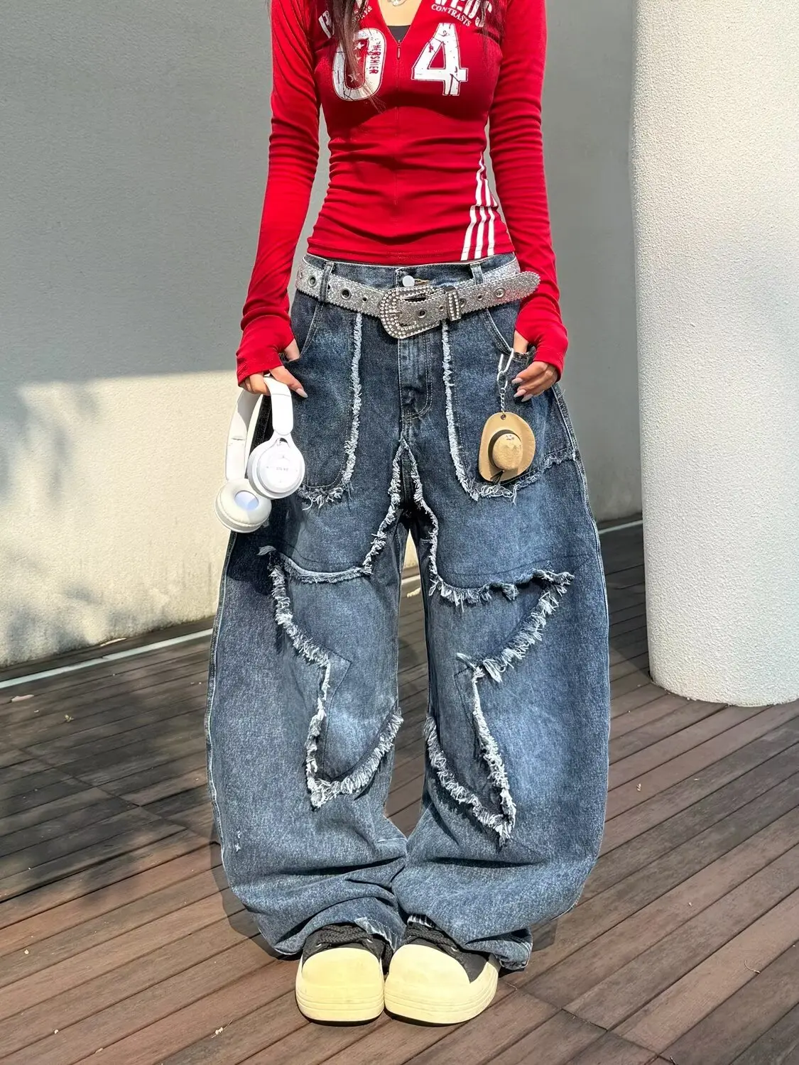

Винтажные рваные джинсы в стиле хип-хоп Abandoned Soil для женщин, осенние свободные и висячие широкие брюки в американском стиле с прямыми штанинами