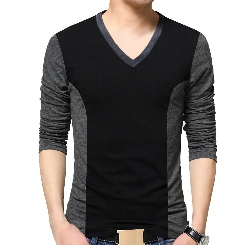 

TFETTERS Top Brand Autumn Vintage Men T-shirt Long Sleeve Patchwork Black&gray V Neck T Shirts for Men Teeshirt Plus Size M-5XL
