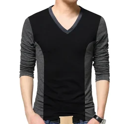 TFETTERS Top Brand Autumn Vintage Men T-shirt Long Sleeve Patchwork Black&gray V Neck T Shirts for Men Teeshirt Plus Size M-5XL