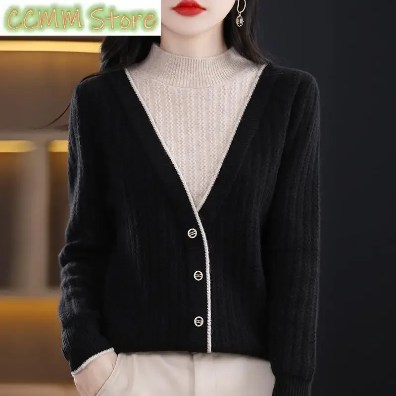 New Autumn Winter Half High Neck Sweater Women Contrast Button Korean Simple Loose Splice Fake Two Piece Long Sleeve Tops