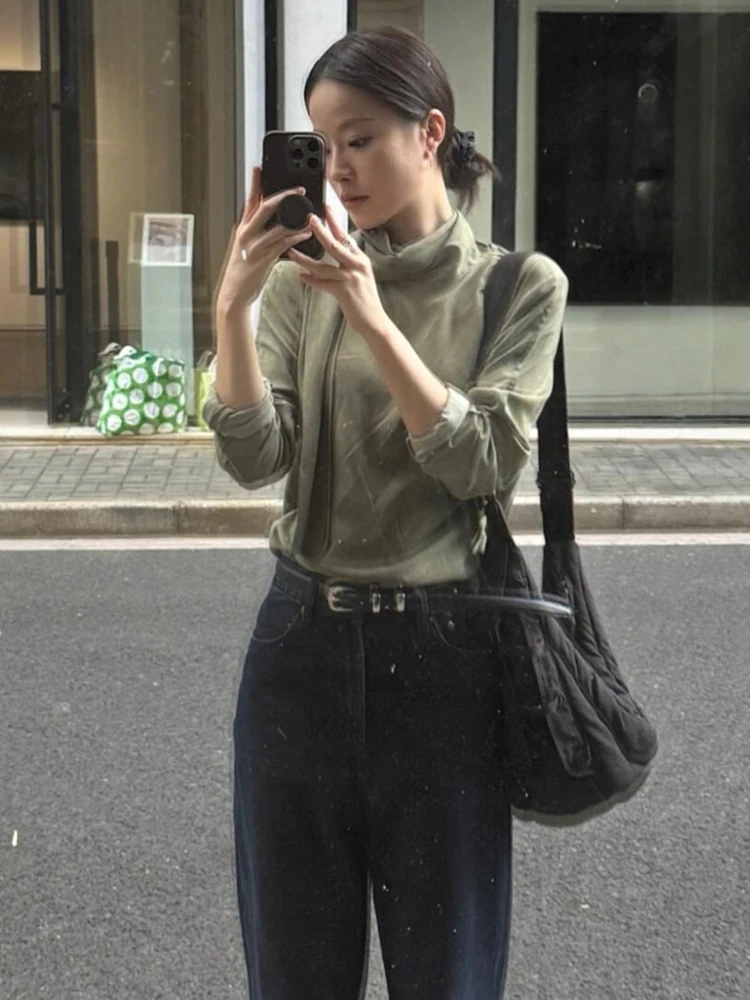 Coreano sle longo sve veludo floing irt feminino outono inverno design f gola alta com cinto camada base superior interno