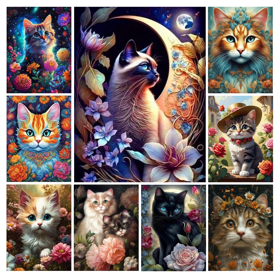 Diy Full Mosaic Art Kitten Flowers Diamond Painting New Collection 2024 Animal Cats Rhinestone Embroidery Picture Wall Decor