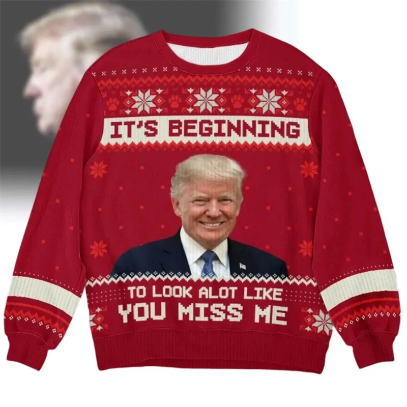 Autumn New Christmas Sweater Donald Trump 3D Print Funny Xmas Sweatshirts For Women Clothes Fashion Oversized Kids Tracksuits