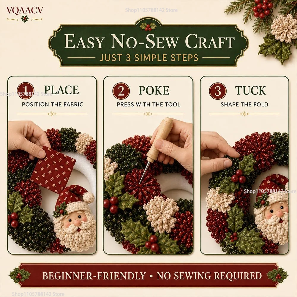 3D Fabric Poke Wreath DIY Kit, Christmas Wreath DIY Kit for Adults Santa Beginner-Friendly Holiday Wreath Making Kit&Door Decor