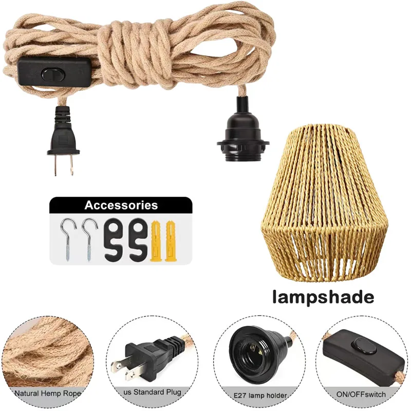 450/180cm American standard pendant light, retro bohemian restaurant style bedroom outdoor versatile handmade hemp rope weaving