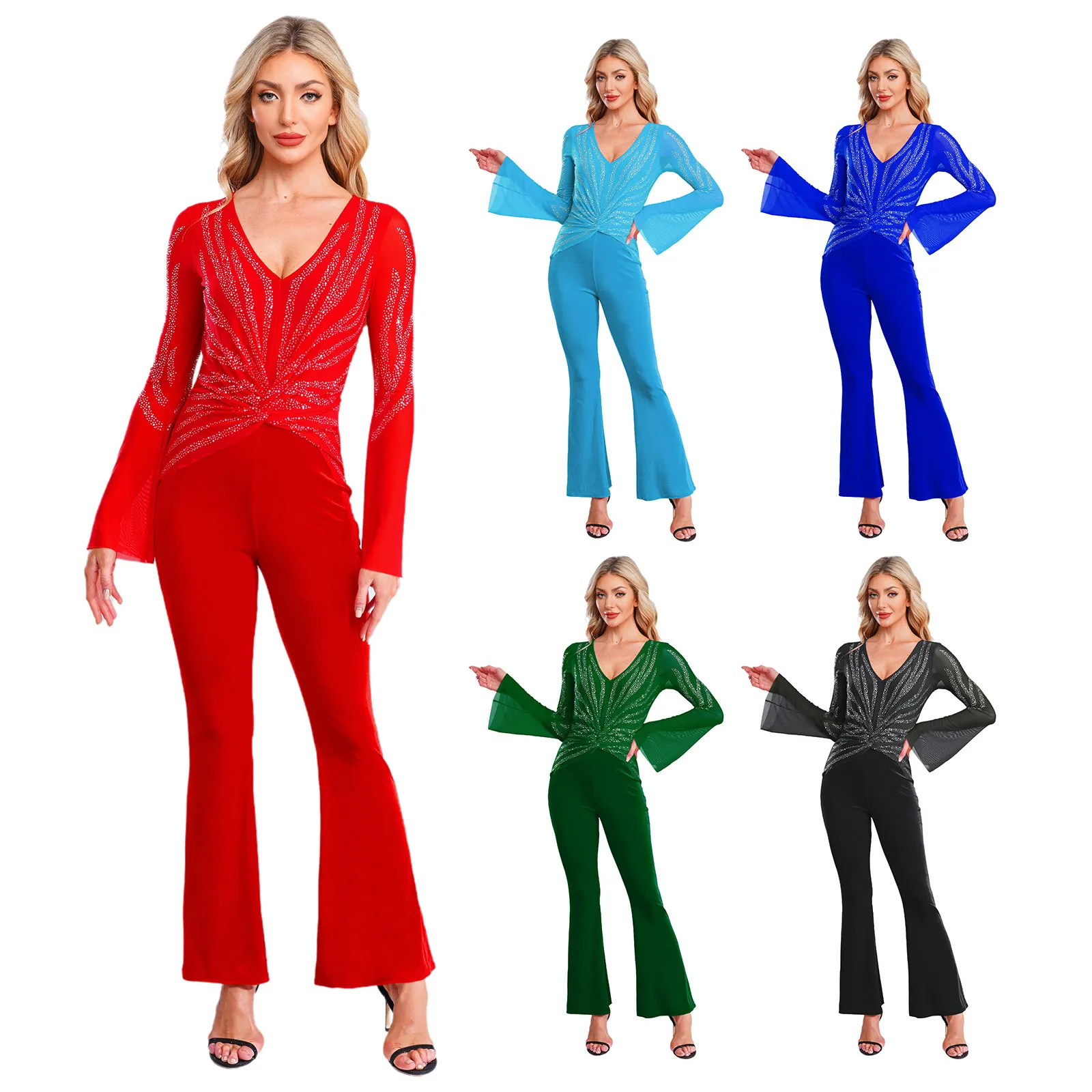 Women Sparkly Rhinestones Jumpsuit Tulle Flare Long Sleeve Bodysuit Ballet Jazz Dance Cha-cha Tango Skating Gymnastics Costume