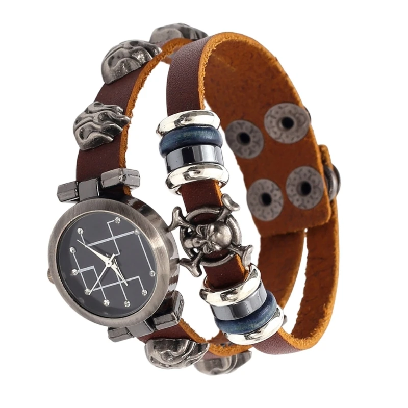 Unique Steampunk Inspired Leather Watch Bangle Bracelet With Skeleton Ornament For Alternative Lovers E0BF