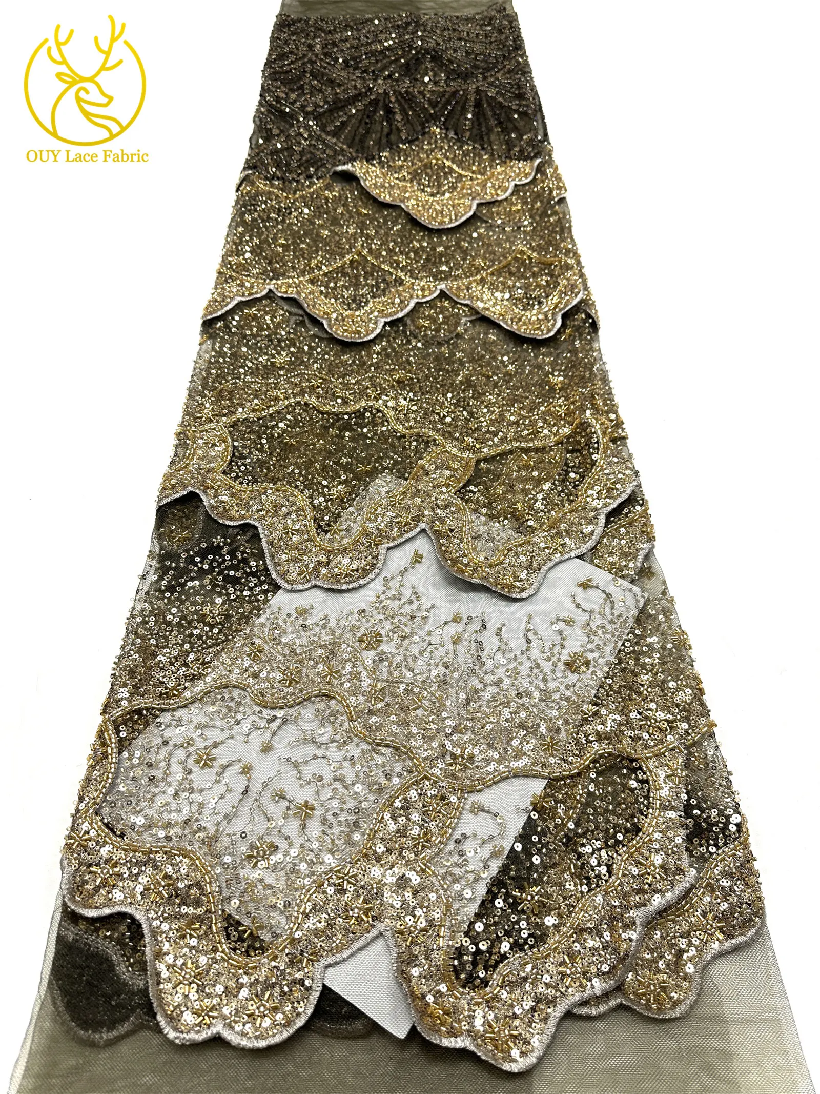 Goldene luxuriöse nigerianische 3D handgefertigte DIY-Stickerei-Spitze, afrikanische Perlen-Pailletten-Spitze für Damen, Hochzeitskleid, Partykleid, zum Nähen – Detail 16