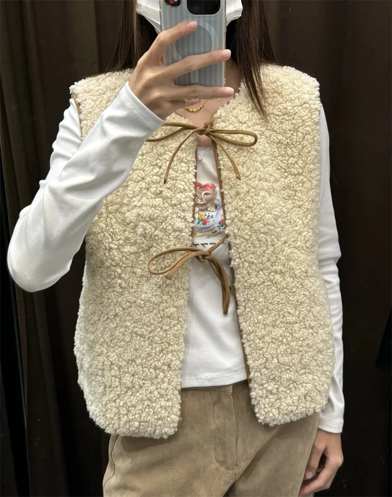

Women's Vest with Bow Decoration Lace-up Fleece Vest Jacket Autumn and Winter Casual Fashion Comfortable Clothing