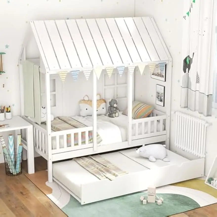 Cama con nido, estructura de cama para niños con techo de 82" de alto, ventanas y barandilla, cama de casita de juegos de madera para dormitorio de adolescentes, niños y niñas, N