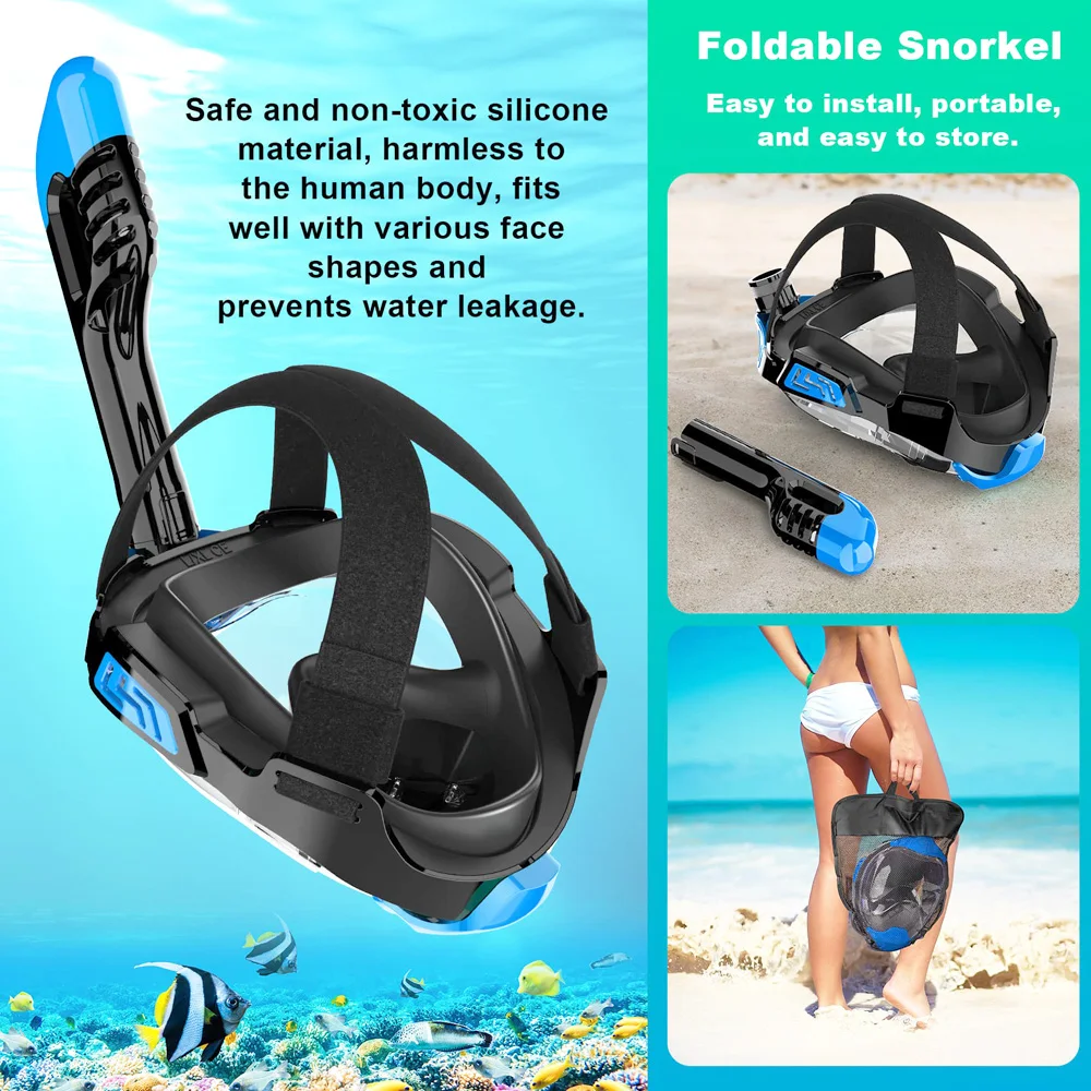 Full Face Snorkel Mask with Latest Dry Top Breathing System Detachable Camera Mount for Adults Panoramic View Anti-Leak Anti-Fog