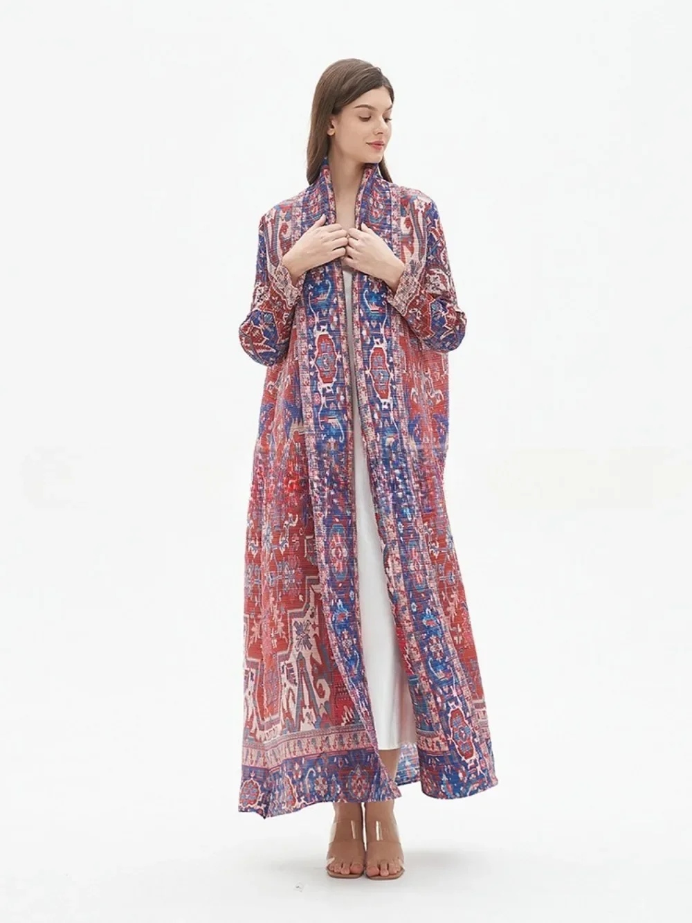 Miyake Pleated Abaya Vintage Printed Long Sleeve Trench Cardigan Dress Women 2025 New Original Designer Cardigan Long Coats