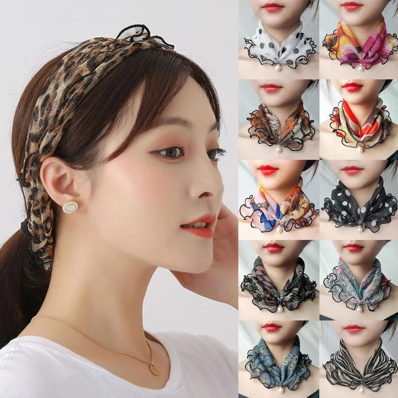 Women Neckerchief Flower Dot Print Loop Scarf Pearl Pendant Ruffles Lace Scarf Multi-use Chiffon Bandana Headband