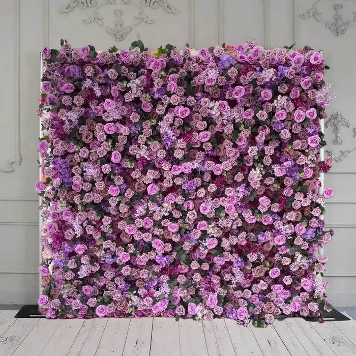 

3D Wedding Series Purple Pink Rose Green leaf roll cloth artificial plant flower wall Outdoor wedding background decorative wall