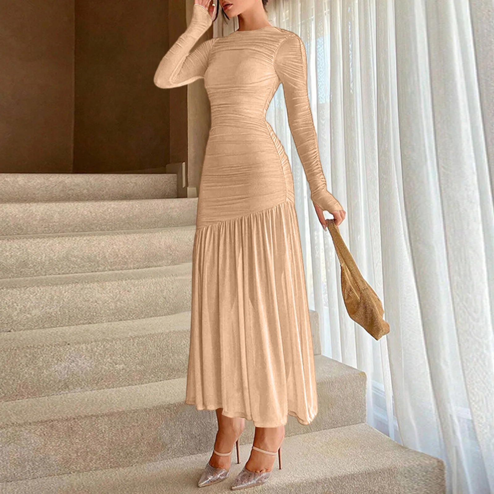 Pleated Design Cocktail Dresses For Wedding Guest Solid Elegant Dress With Pleated Hem Featuring Round Neck Bridesmaid Dress
