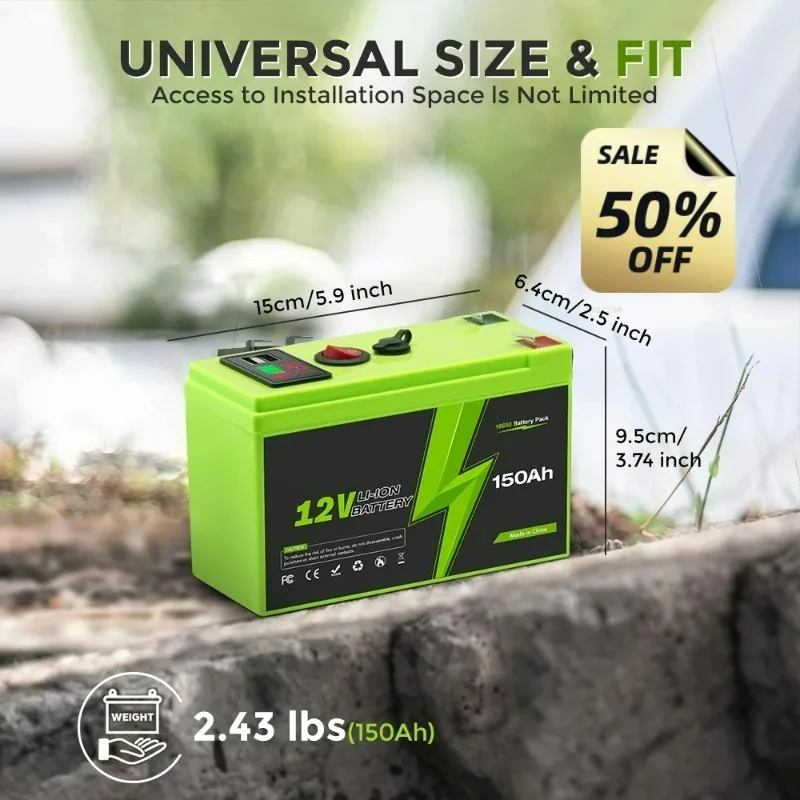 

12V 150Ah for LiFePO4 Lithium Battery 4000+ Deep Cycles, for UPS, Kayak Fish Finder, Solar Panel, Power Wheels Toys, Scooter