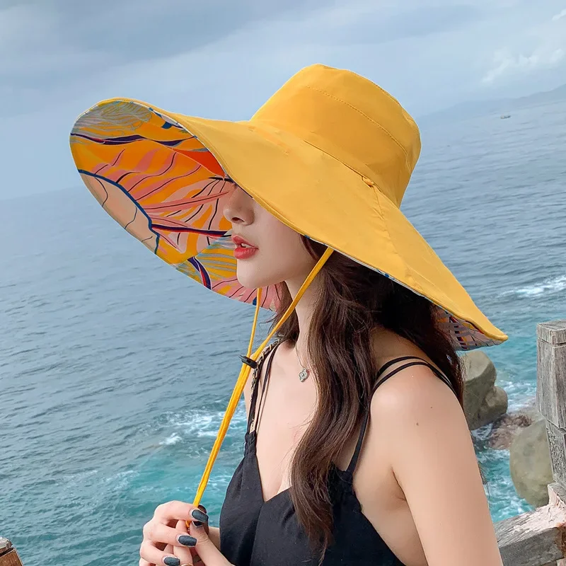 18cm Large Brim Women Summer Double-sided Brim Hat Sun Protection Flower Beach Cap Lady Outdoor Elegant Sunscreen Headgear