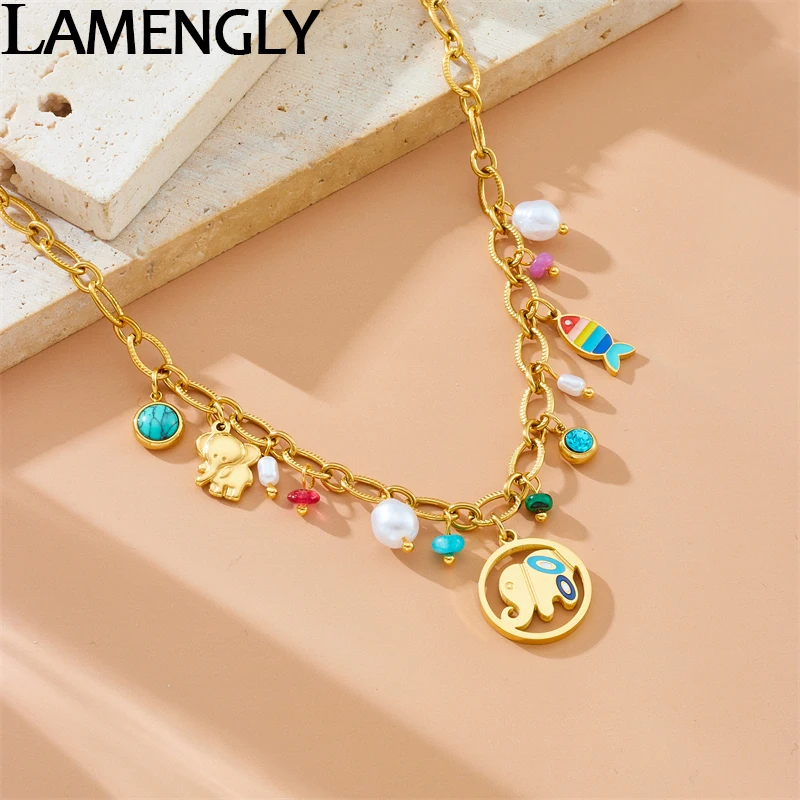 

LAMENGLY 316L Stainless Dopamine Style Turquoise Pearl Colorful Fish Elephant Pendant Necklace For Women Novel Clavicle Chain