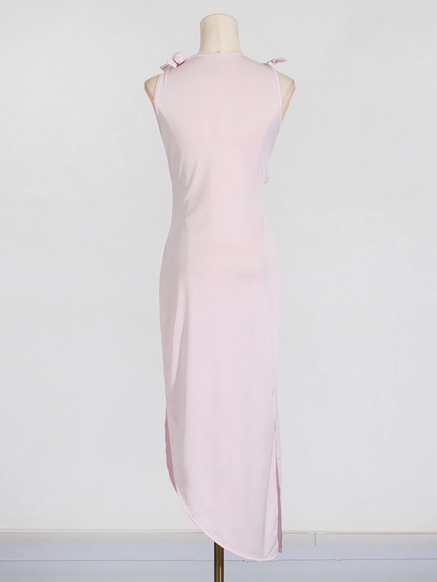 فستان VGH مزين بالتخسيس الصلب للنساء بياقة دائرية بدون أكمام وخصر عالٍ فساتين مفرغة جديدة للسيدات