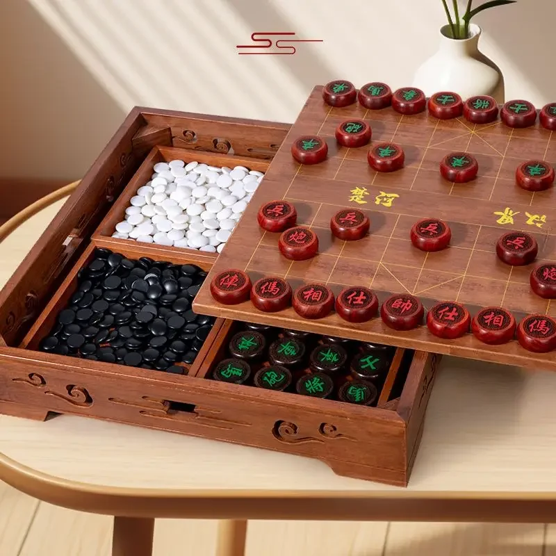 Large Solid Wood Chess Go Gobang All-in-One Mahogany Children Adult Puzzle Chess Table Chessboard