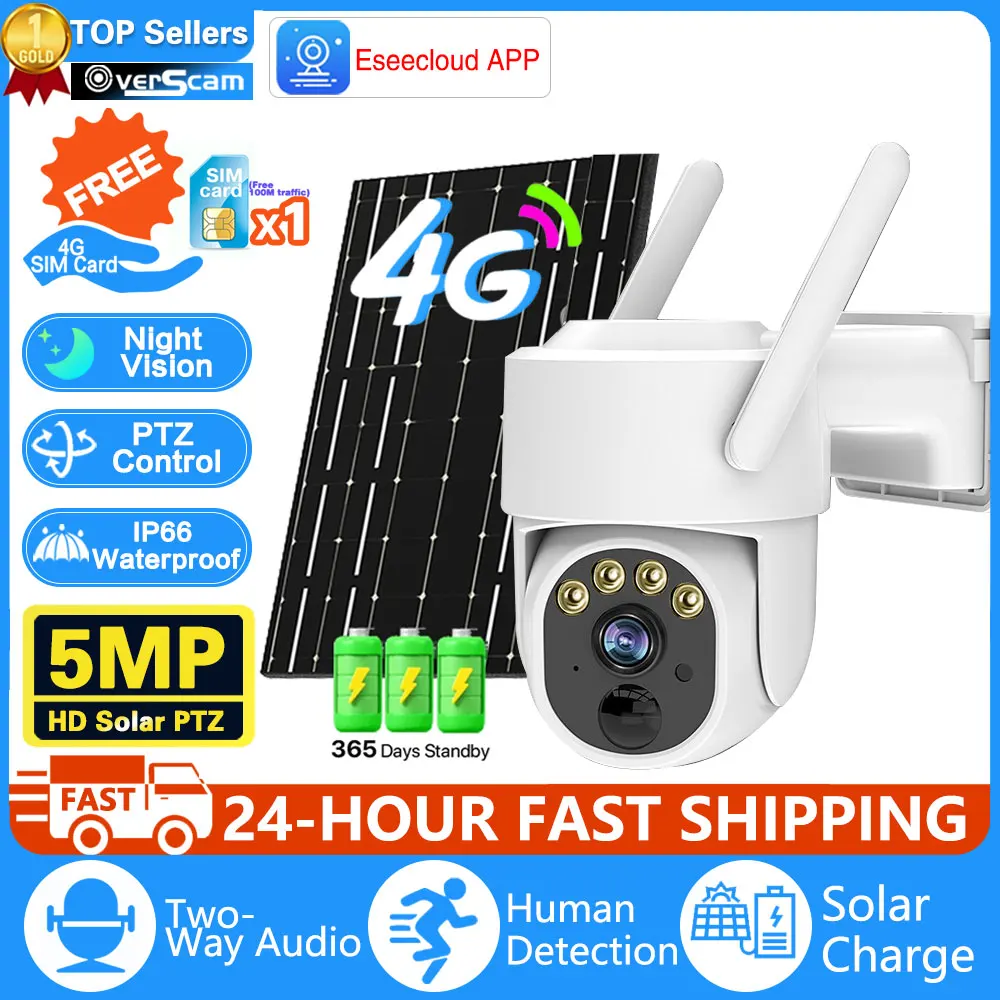 

5MP 4G SIM Card Solar Wifi PTZ Security Outdoor Color Night Vision Battery Powered Wireless CCTV Surveillance Camera Smart Life