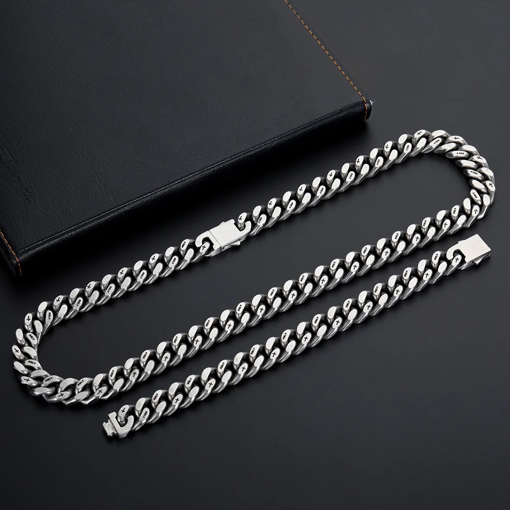 12mm Heavy Matte Brush Men Women Curb Cuban Chain Necklace Vintage Stainless Steel Punk Hiphop Bike Biker Cross Choker Jewelry