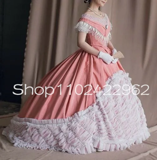 Peach Pink White Victorian Evening Dresses vintage Lace Scarlett Civil War Cosplay Halloween Lolita bustle prom gown