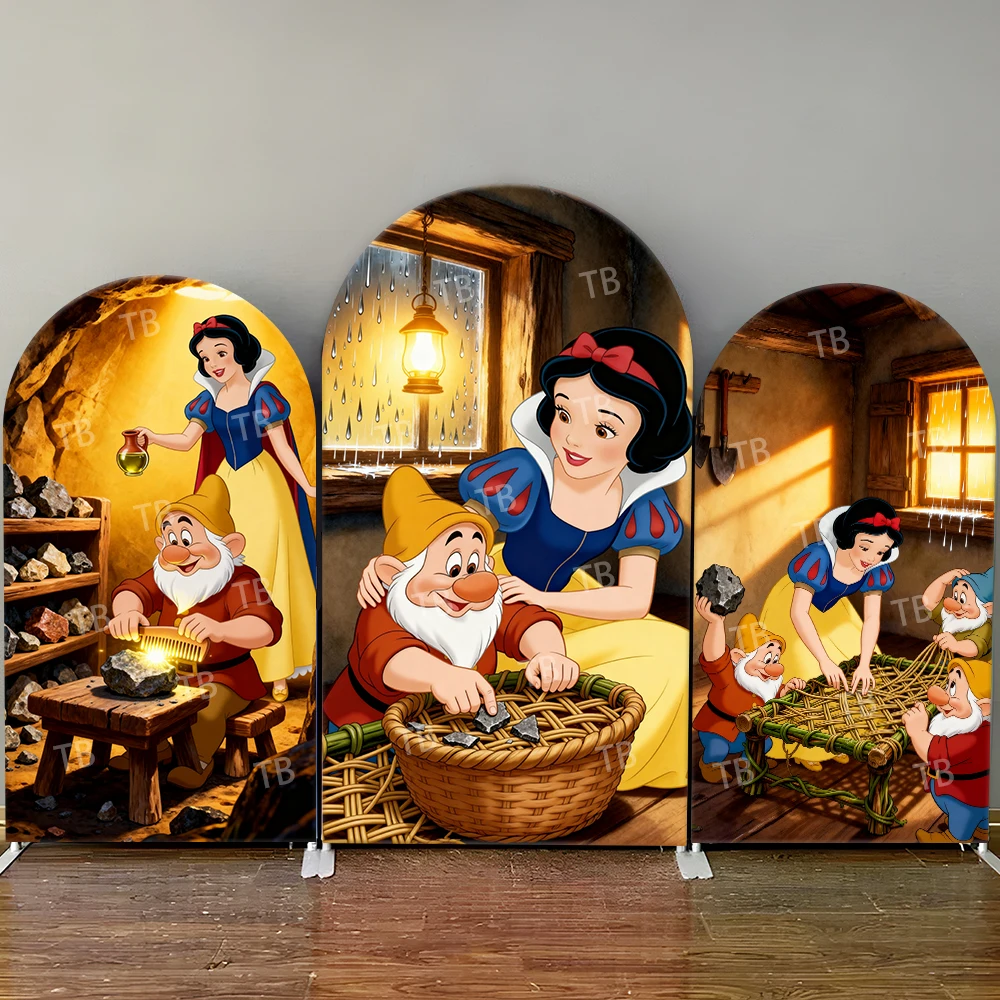 

Snow White & Seven Dwarfs Cottage Workshop Style Arch Backdrop Cover Kawaii Decor Photo Booth Prop for Kids' Party
