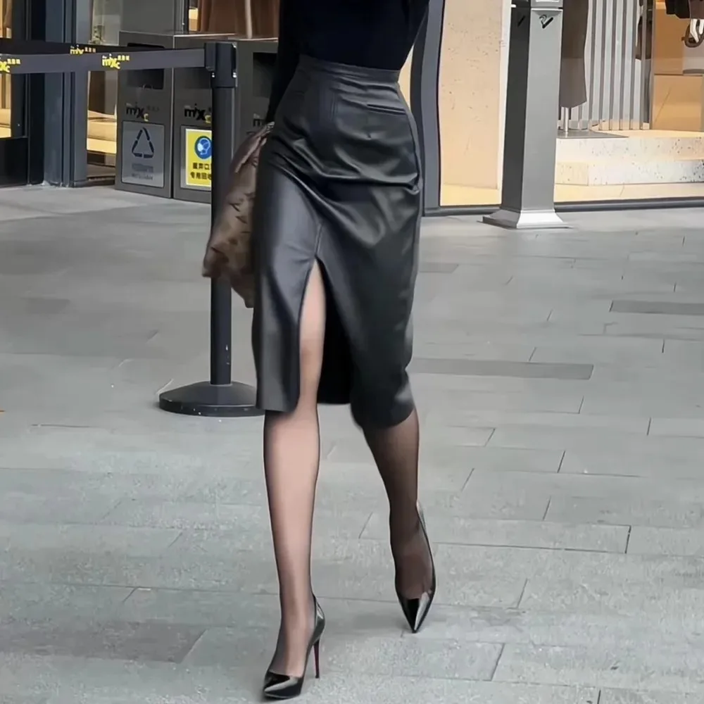 

Real Leather Bodycon Skirts Women 2025 Sping High Waist Slim Midi-length Ladies Sexy Front Split Black Brown Sheepskin Skirts