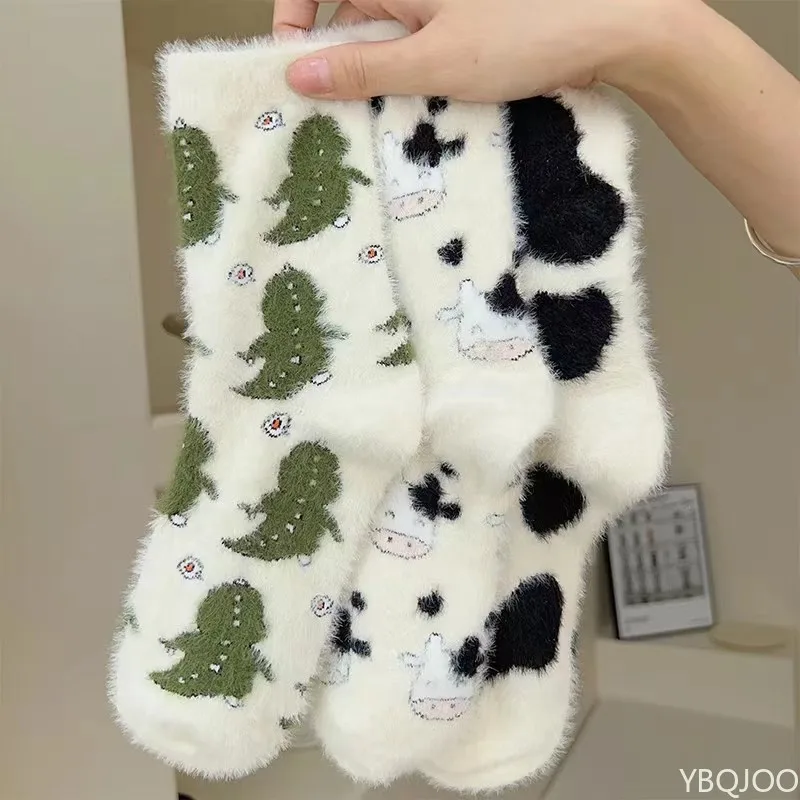 5 Paar bequeme Freizeitsocken für Damen, Herbst und Winter, Plüsch, dick, Cartoon-Stil, warm, modisch, vielseitig, Damensocken