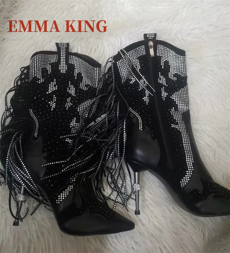 موضة الأسود كريستال هامش حذاء من الجلد مثير أشار تو المعادن أحذية عالية الكعب النساء السيدات الجانب سستة فستان أحذية الشتاء
