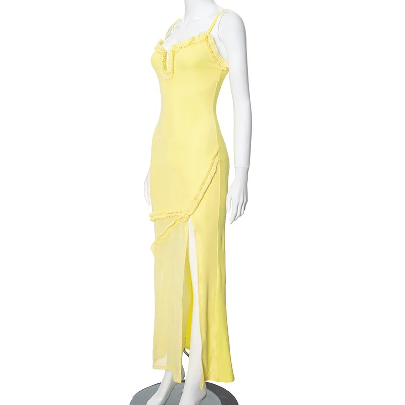 Yellow Vacation Strap Party Dress Sexy Perspective V-neck Mesh Prom Gown Pleated Elastic Split Off Shoulder Evening Robes