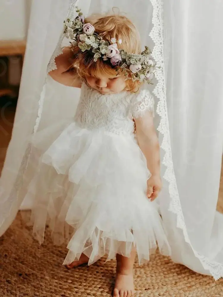 子供のためのレースの花のふくらんでいるスカート,赤ちゃんのための半袖のふくらんでいるスカート,最初の聖体拝領,フォーマルなパーティードレス,新しいコレクション