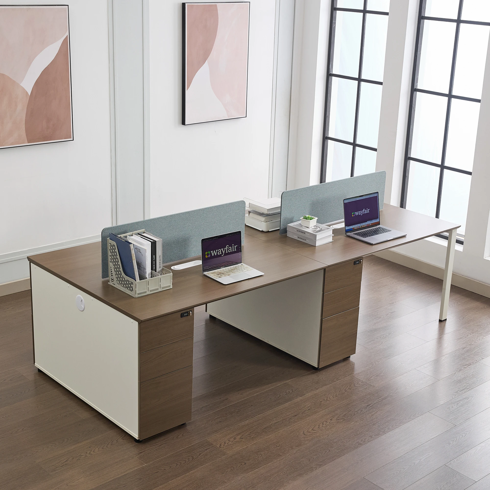 مستودع الولايات المتحدة في الخارج شحن مجاني تصميم وحدات فاخر عالي الجودة خشبي 2 4 أشخاص مكتب مكتب حديث مع خزانة