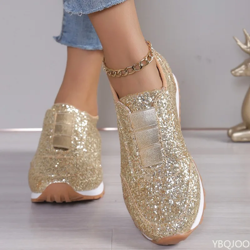 新しいカジュアルで快適な女性用シューズ、ファッショナブルで多用途な厚底スニーカー、シンプルで軽量なスパンコール付き女性用シューズ