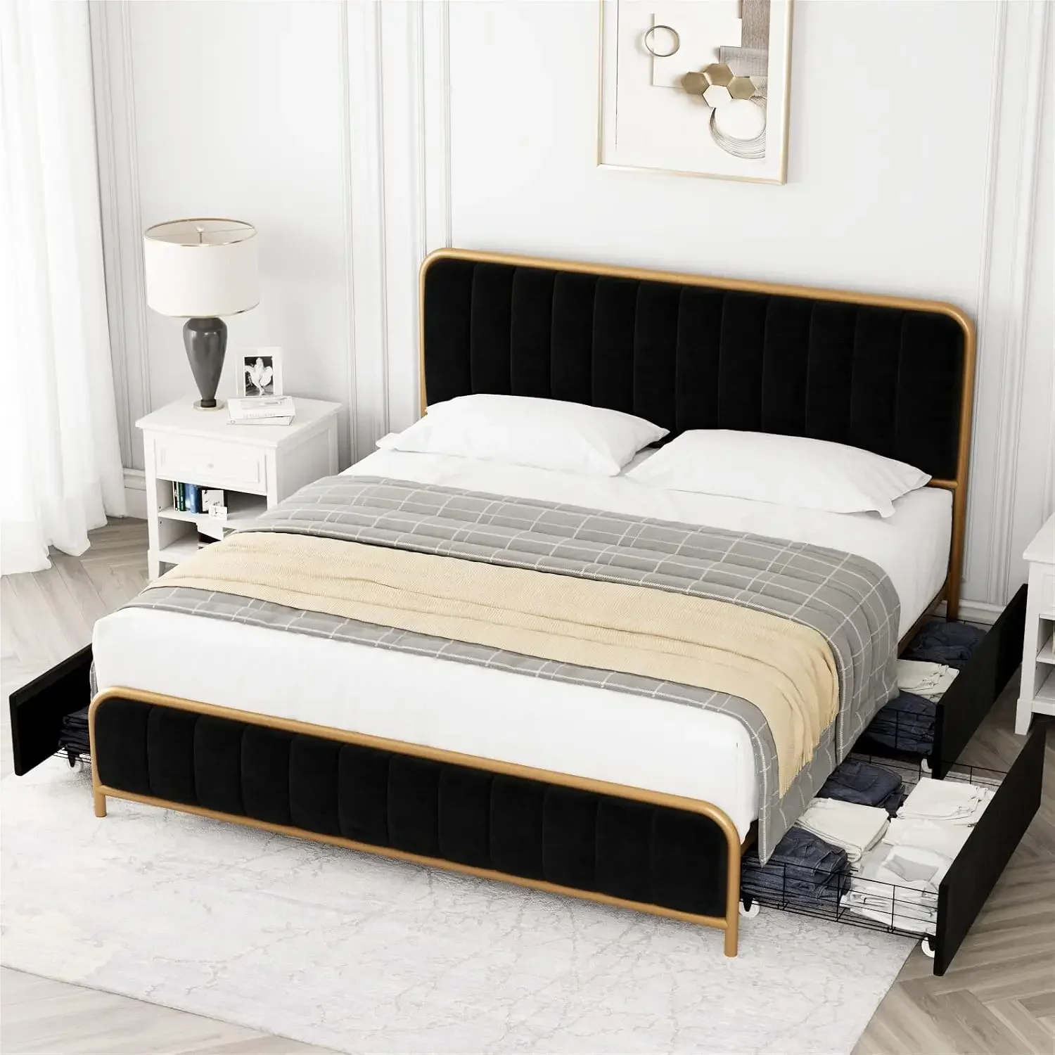 Gestoffeerd queensize bedframe met 4 opbergladen en hoofdeinde, robuuste metalen matrasfundering met houten latten