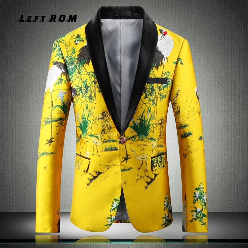 Yellow Suit Jacket Luxury Men Print Blazer Slim Fit Floral Men Stage Clothing Blazer Pattern Stylish Party Wedding Banquet